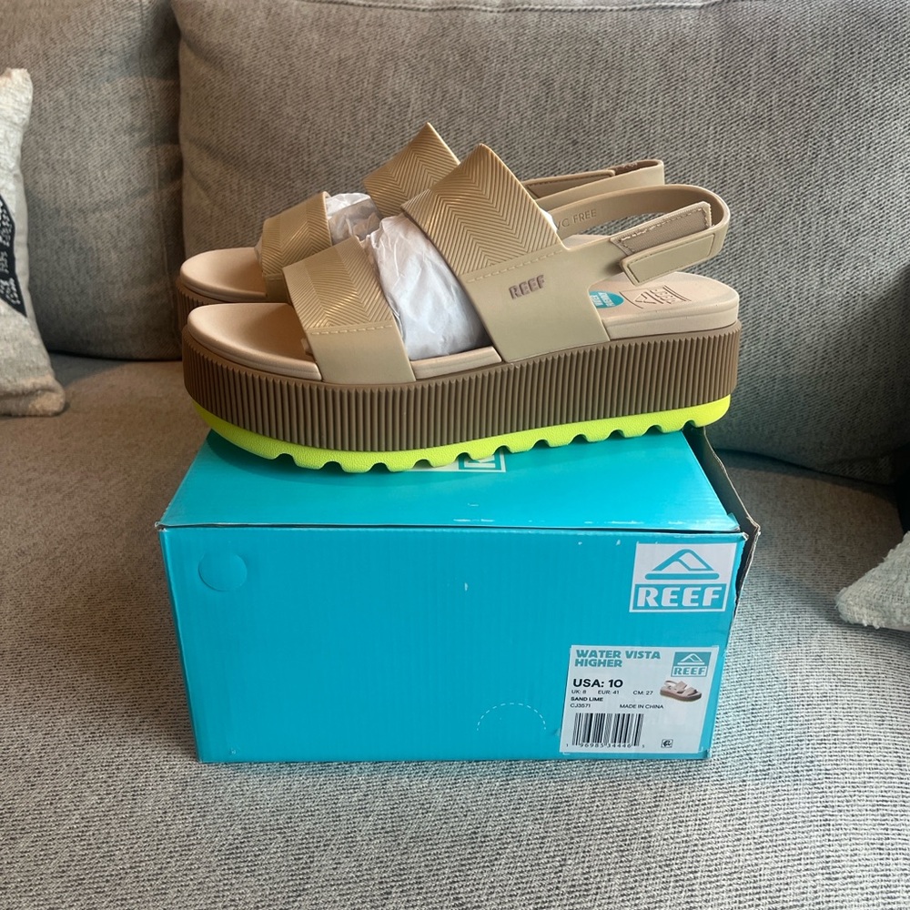 Reef Women's Tan and Neon Yellow Platform Sandals